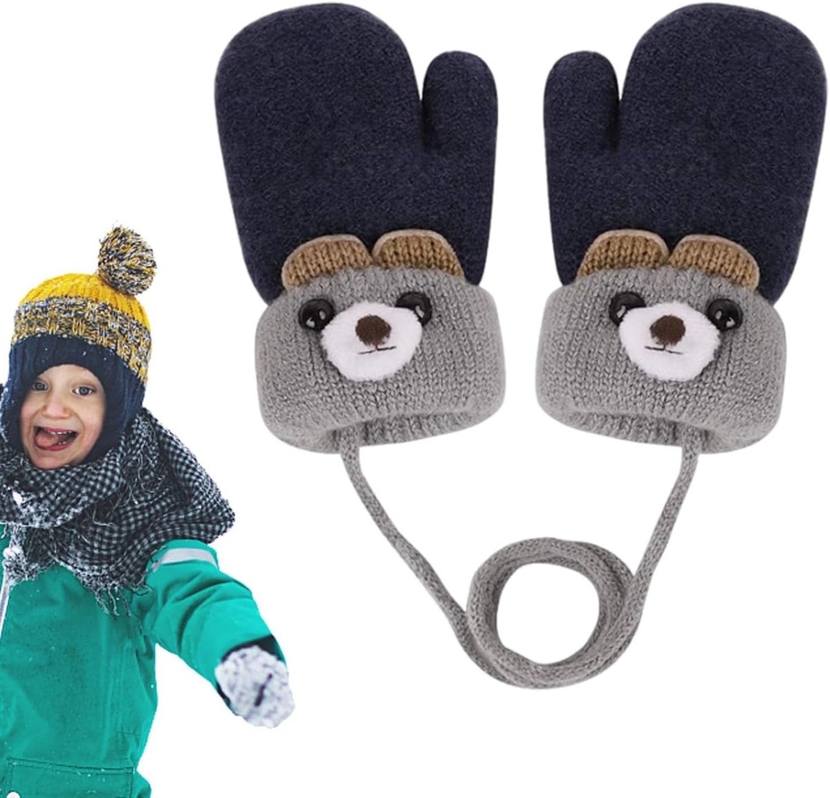 Schattige Baby Winterwantjes met Berenpatroon, Dikke Fluwelen Handschoenen voor 0-3 Jaar, Perfecte Verjaardag- en Kerstcadeaus in Blauw