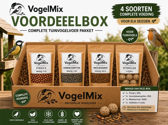Tuinvogelvoer Voordeelbox – 3kg Pinda's + 3kg Zonnebloempitten + 500g Meelwormen + 5 Vetbollen – Vogelvoer Pakket Buitenvogels Mezen Roodborstje VogelMix