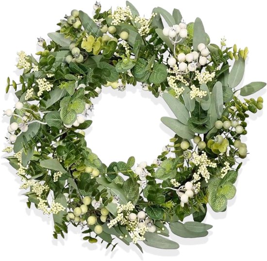 Groene krans met witte en lichtgroene bessen en eucalyptusbladeren.