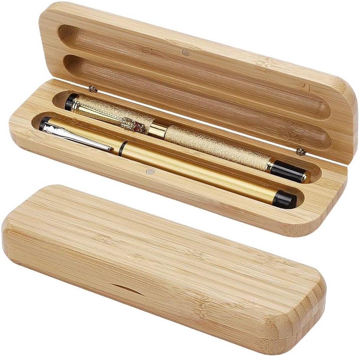 Houten pen geschenkdozen set van 2, bamboe opbergkoffer voor pennen en potloden, stijlvolle presentatie voor zakelijke cadeaus en kantoorbenodigdheden, 17,2 x