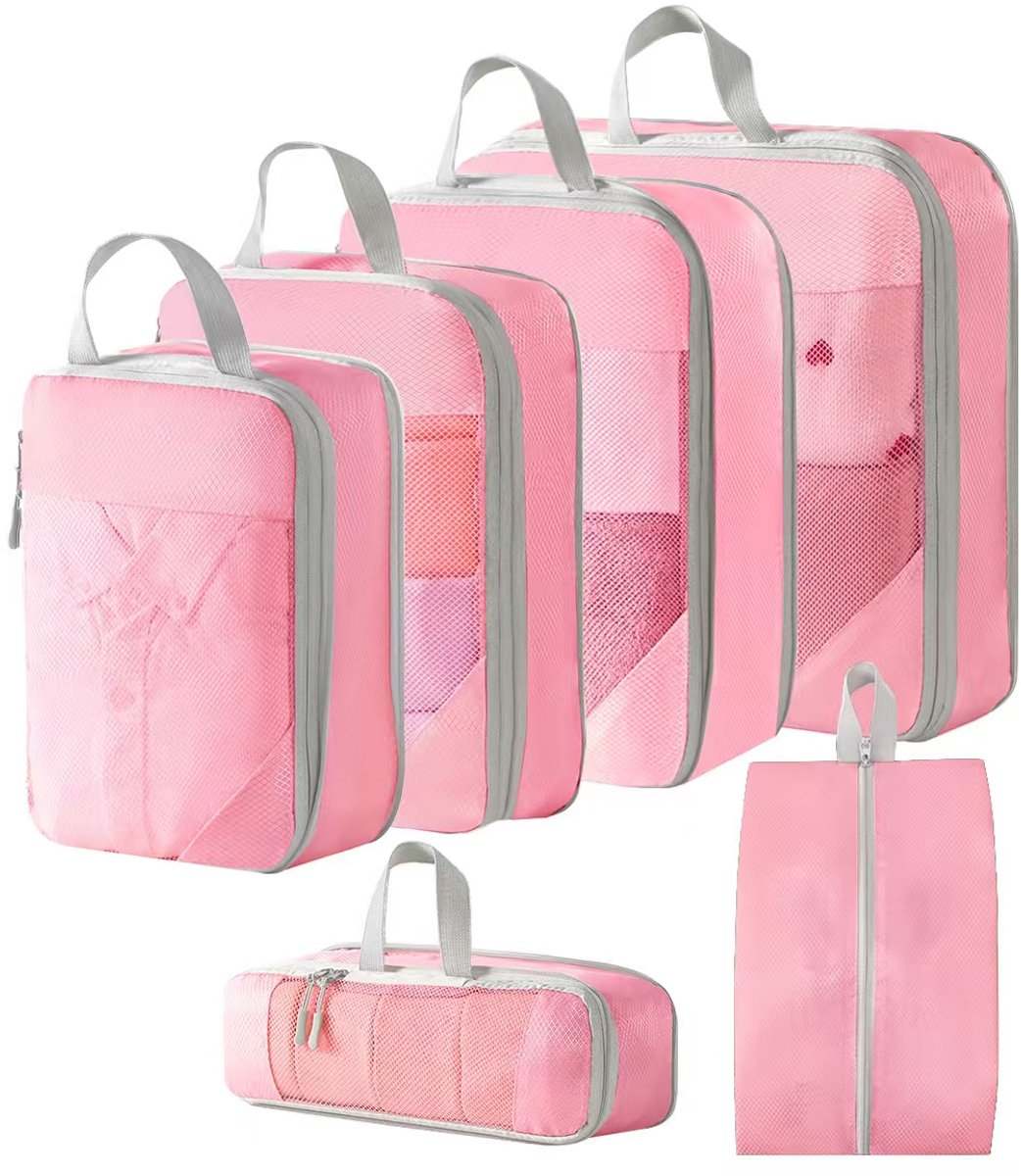 ANNSTÉ® - Compressie Packing Cubes - Packing Cubes Compression - Reiszakken voor Koffer - Packing Cubes met Compressierits - Bagage Organizer - Compression Cube - Koffer Organizer Set - Bag Organizer - Reistassen - Reis Organizer - 6 Stuks - Roze