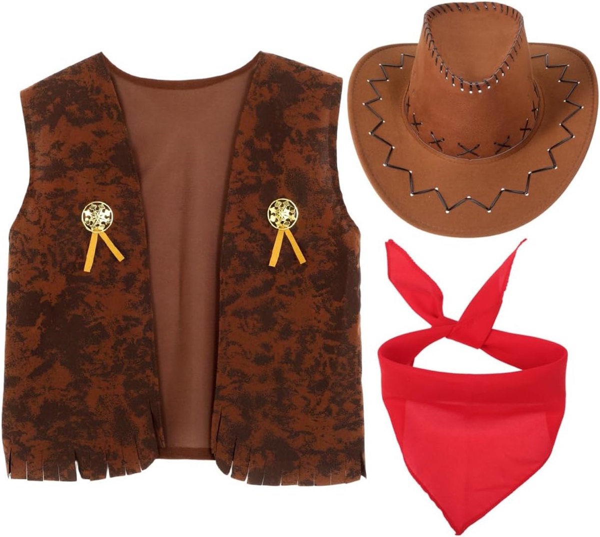 Western Cowboy Kostuum voor Mannen met Franje Vest, Hoed en Sjaal voor Carnaval en Themafeesten, Denim Dans Outfit voor Volwassenen