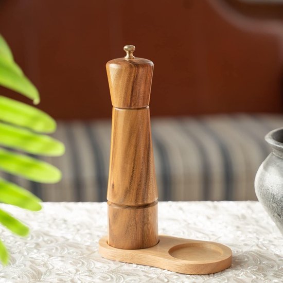 Verstelbare Zoutmolen van Acaciahout met Keramische Maalschijf - 22 cm Hoog, Perfect voor Keuken en Tafelen van Merkloos — afbeelding 2