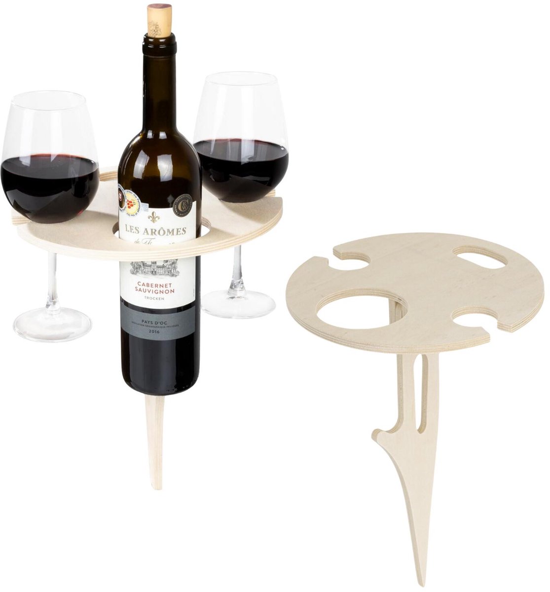 HI Picknick wijntafel dienblad - 2x - opklapbaar - 25 x 30 cm - met grondpin - MDF - naturel