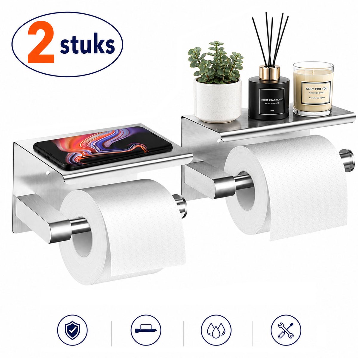 Toiletrolhouder zonder boren met plankje – 2 stuks zelfklevende WC rolhouder van RVS, wandmontage met telefoonhouder en sterke lijm voor badkamer en toilet