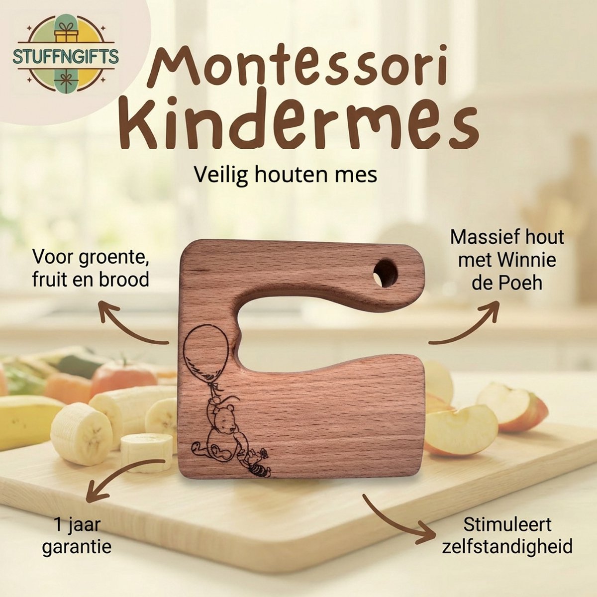 Montessori Houten Kindermes Beertje editie - Kindermes - Houten mes - Peuter kok - Winnie the pooh