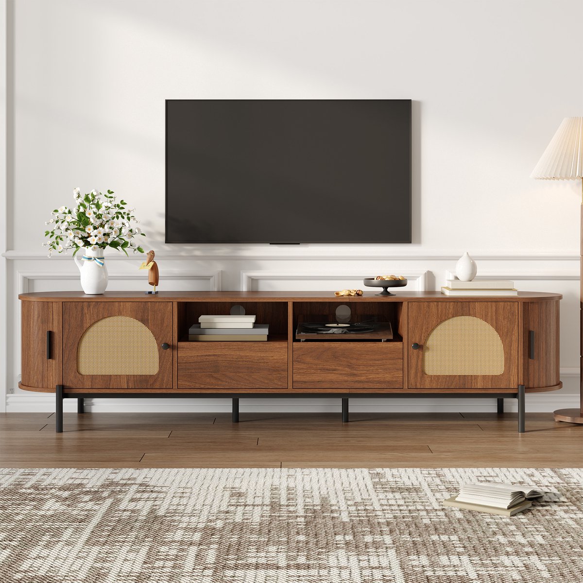 REDOM Tv-Meubel - Ovaal Met Schuifdeuren En Laden - Scandinavisch - Voor Woonkamer - MDF - Walnootkleur - 200 X 40 X 49,5 Cm Okkernoot