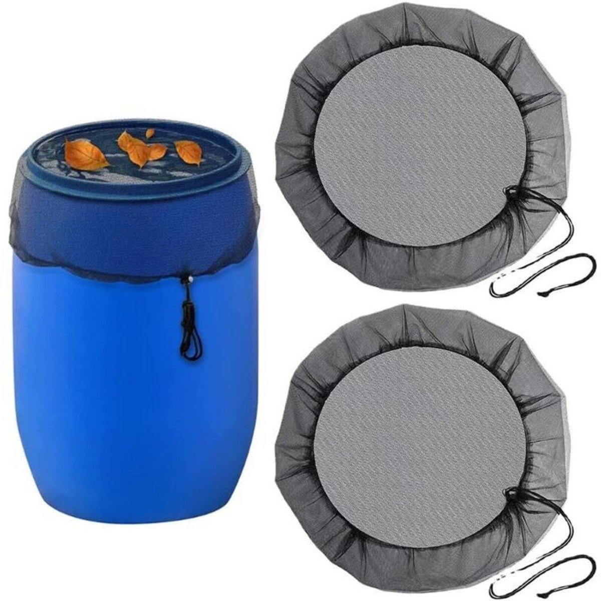 Regenwateropvangnet met muggennet, set van 2, verstelbaar deksel, beschermt tegen gevallen bladeren en muggenlarven, 95 cm beschermend net.