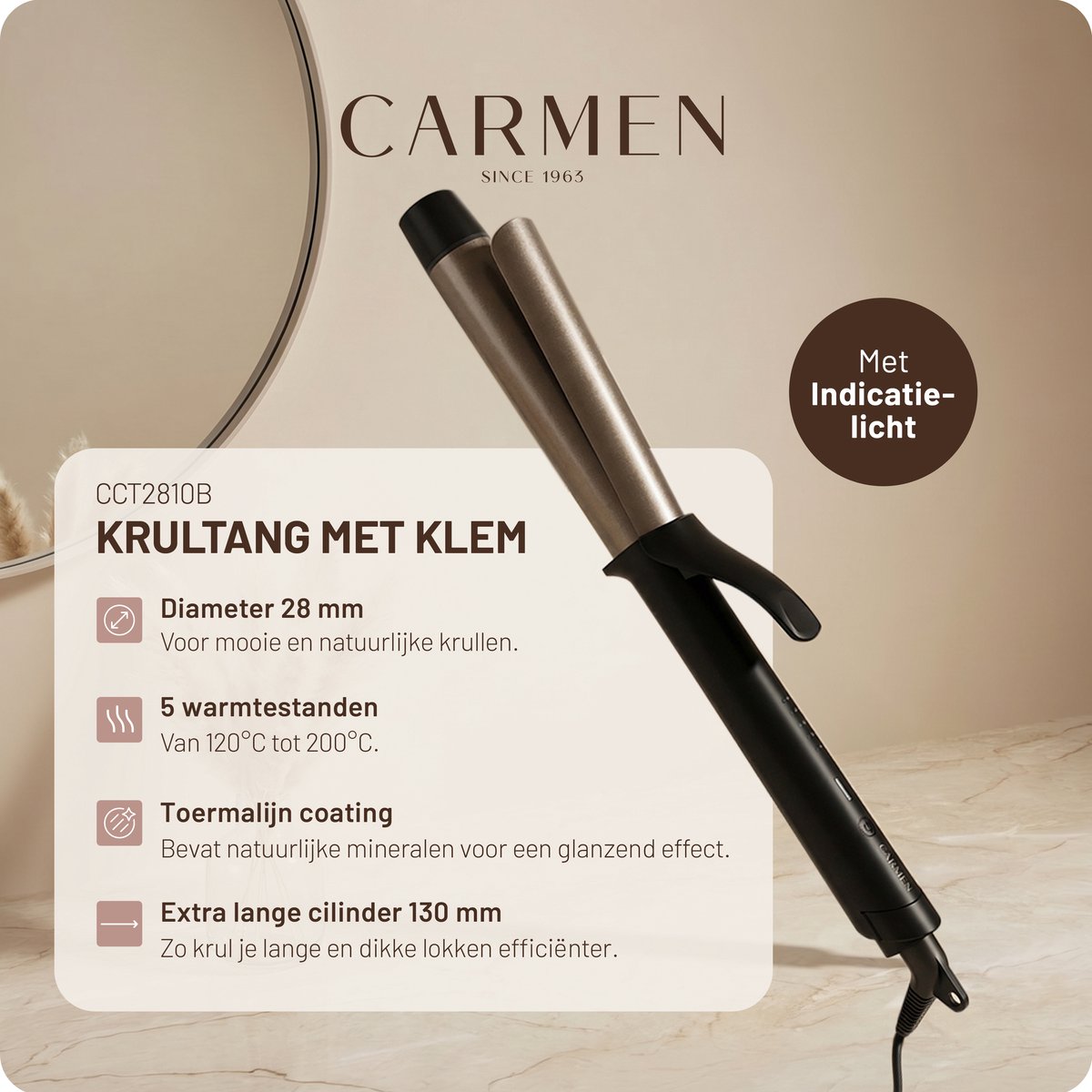 Carmen CCT2810B Krultang met Klem 28 mm Toermalijn Coating - afbeelding 2
