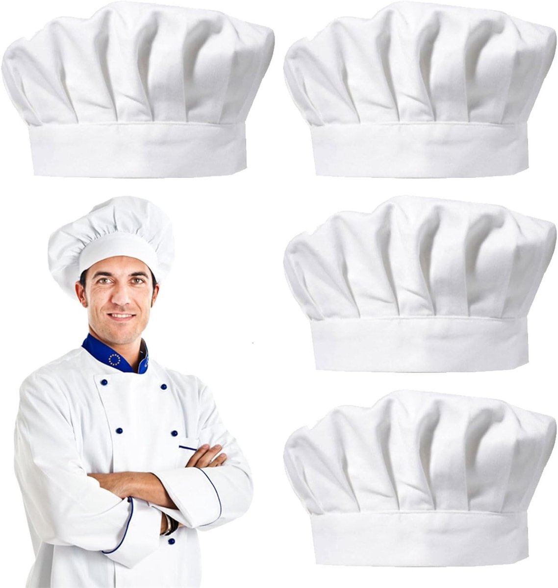 4-delige verstelbare chef-koksmutsen voor catering en koken - stofdichte kookmuts voor thuis, restaurant en kantine, geschikt voor mannen en vrouwen