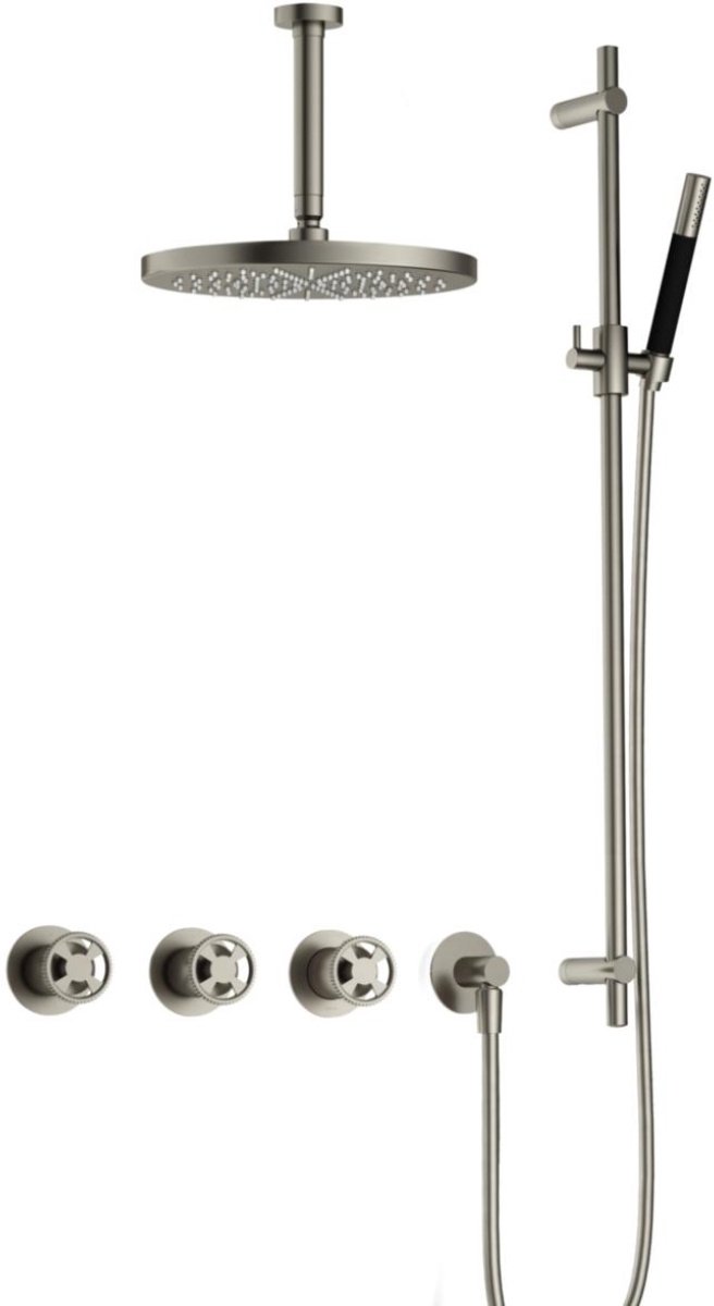 Hotbath Cobber - CW7067 - Inbouw Regendoucheset - Geborsteld Nikkel - 2 Stopkranen - Thermostatisch - Plafondbuis 15 cm - Hoofddouche 300 mm - Ronde Handdouche - Glijstang 900 mm - met M106 - Waterbesparend