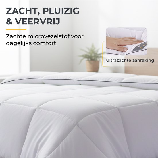 Dichtbij detail van een wit dekbed met een grijze bies, 'Zacht, pluizig & veervrij'.