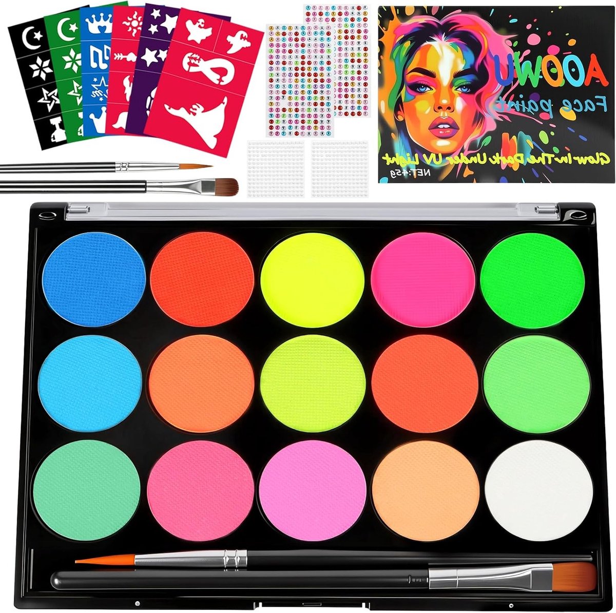 Complete Set voor Kinderen met 15 Wasbare Gezichtsverf Kleuren, 2 Kwasten, 41 Sjablonen en 4 Strass Steentjes voor Theatervoorstellingen, Halloween en Carnaval