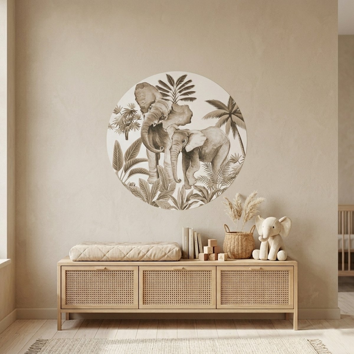Muurcirkel jungle vintage - olifant - muurstickers babykamer - kinderkamer - natuurlijk - behangcirkel - 100cm sticker