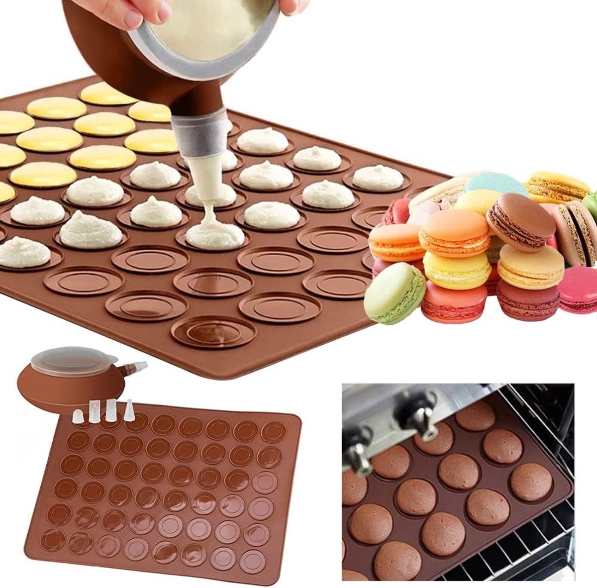 Siliconen Bakmat voor Macarons en Taartjes, Antikleef Baktray met 48 Capaciteit, Inclusief Decoratiepen en 4 Spuitmondjes voor Perfecte Macarons en Desserts