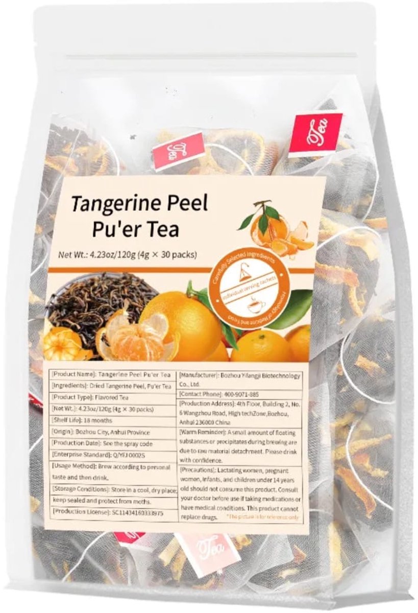 Premium Pu'er Thee met Gedroogde Mandarijnschil - 30 Individuele Porties - 120g - Traditionele Chinese Thee- Diepe Aardse Smaak & Citrus - Natuurlijke Melange - Authentiek Bozhou