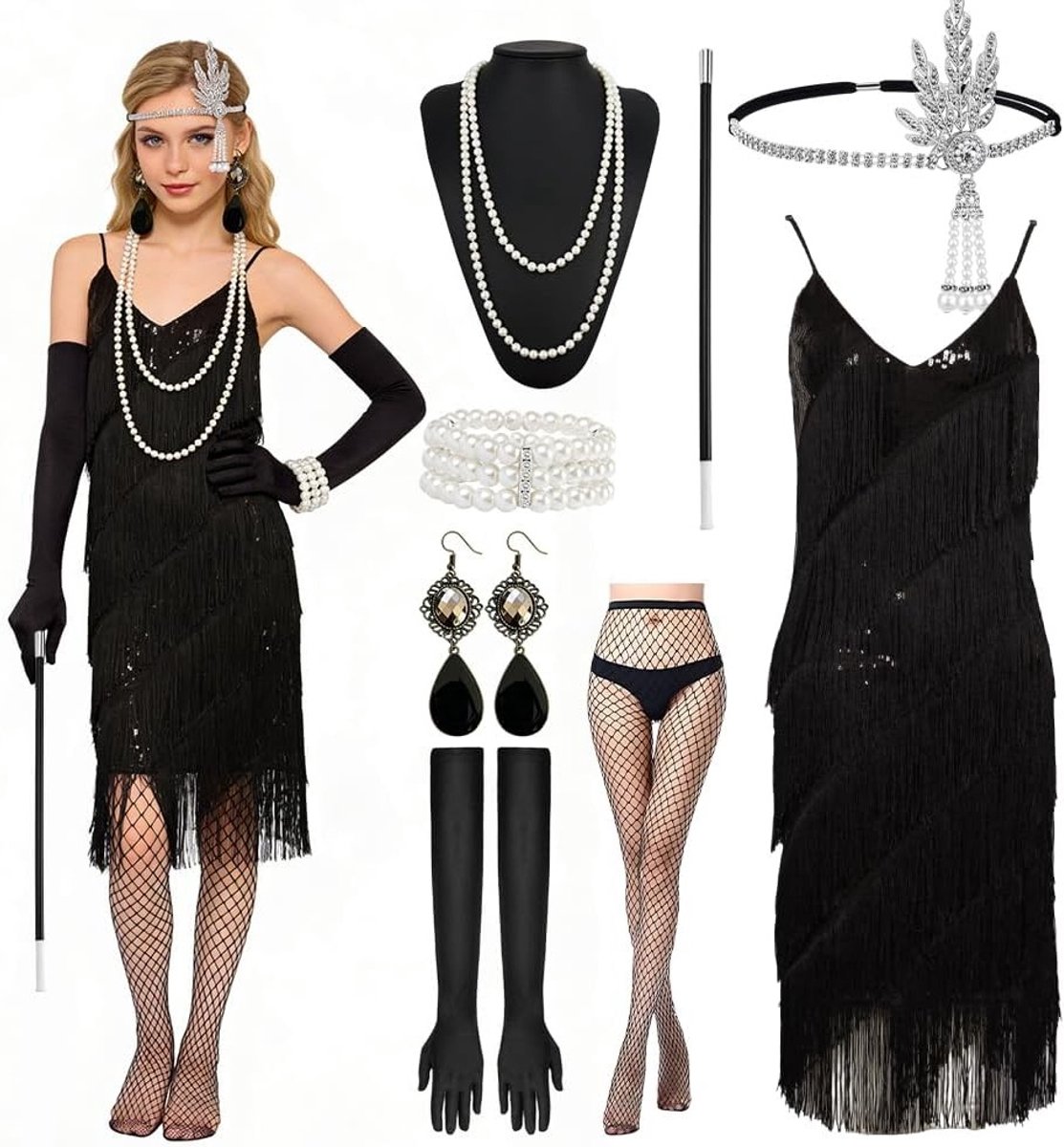 Elegante 1920s Charleston Flapper Jurk met Accessoires voor Carnaval, Halloween en Feestjes - 8-delige Kostuumset voor Vrouwen
