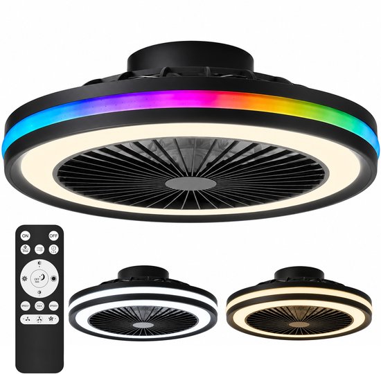 Lumirex Plafondventilator Met Verlichting - Stille Ventilator Incl. Afstandsbediening - 49cm - LED - 3000-6500K Dimbaar - ICRGB - Zwart