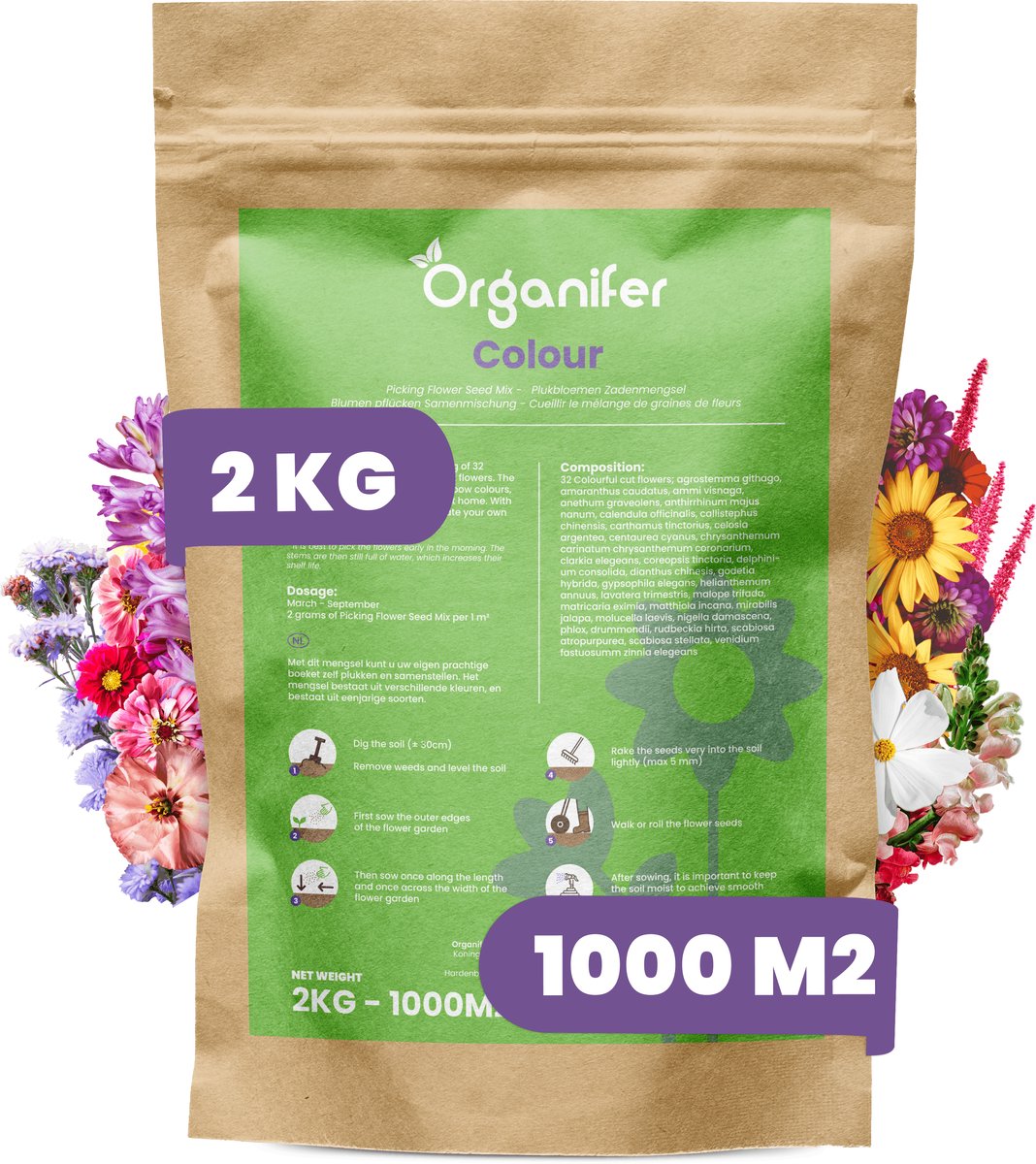 Plukbloemen Mengsel - 32 soorten - 2 kg - 1000 m2 - Snijbloemen - Snijbloemen Zaad - Bloemenweide - Inheemse Zaden - Bloemen - Bloemzaden - Bloemzaadjes - Plukbloemen Zaad - Colour - Organifer