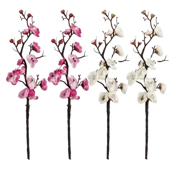 Roze en witte kunstmatige pruimenbloesem takken – nep bloemen decoratie voor woonkamer, kantoor en bruiloft tafelstukken – decoratieve bloesem takken voor vaas en bloemstukken – set van 4 stuks