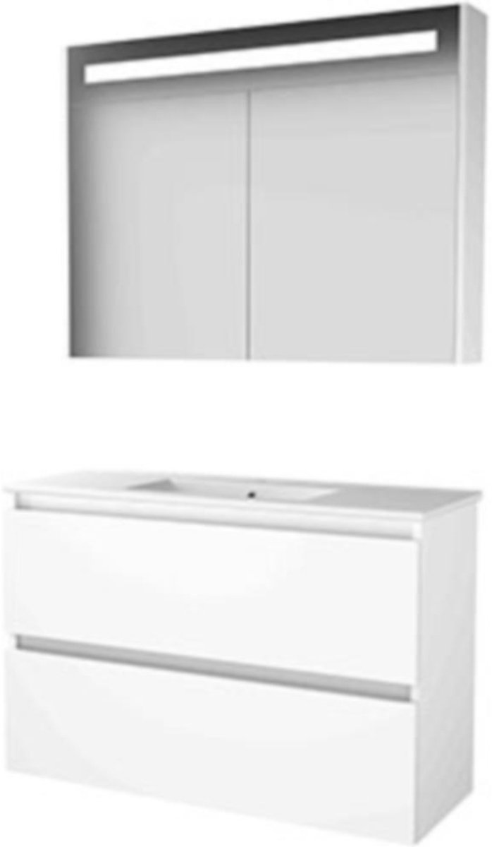 Basic-Line Premium 39 Badkamermeubelset - Ondiep - 100 x 39 cm - Greeploos - 2 Lades - Keramische Wastafel - 1 Kraangat - Spiegelkast met LED Verlichting - Ice White