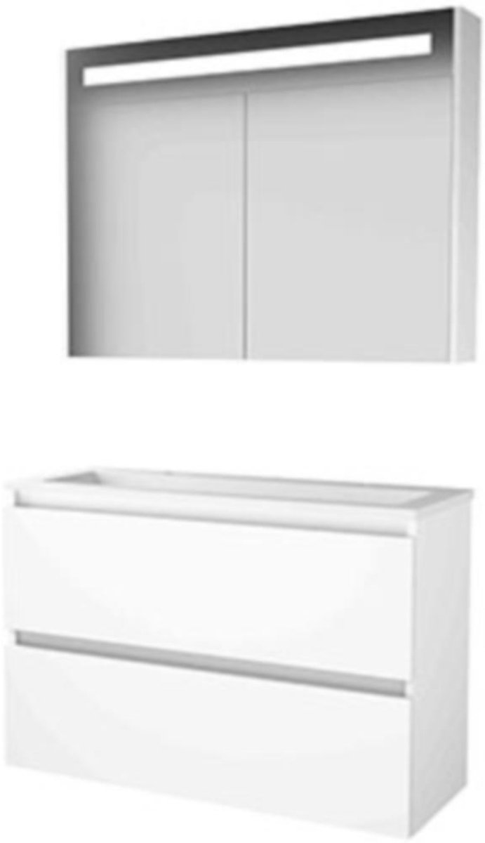 Basic-Line Premium 39 Badkamermeubelset - Ondiep - 100 x 39 cm - Greeploos - 2 Lades - Acryl Wastafel - 2 Kraangaten - Spiegelkast met LED Verlichting - Ice White