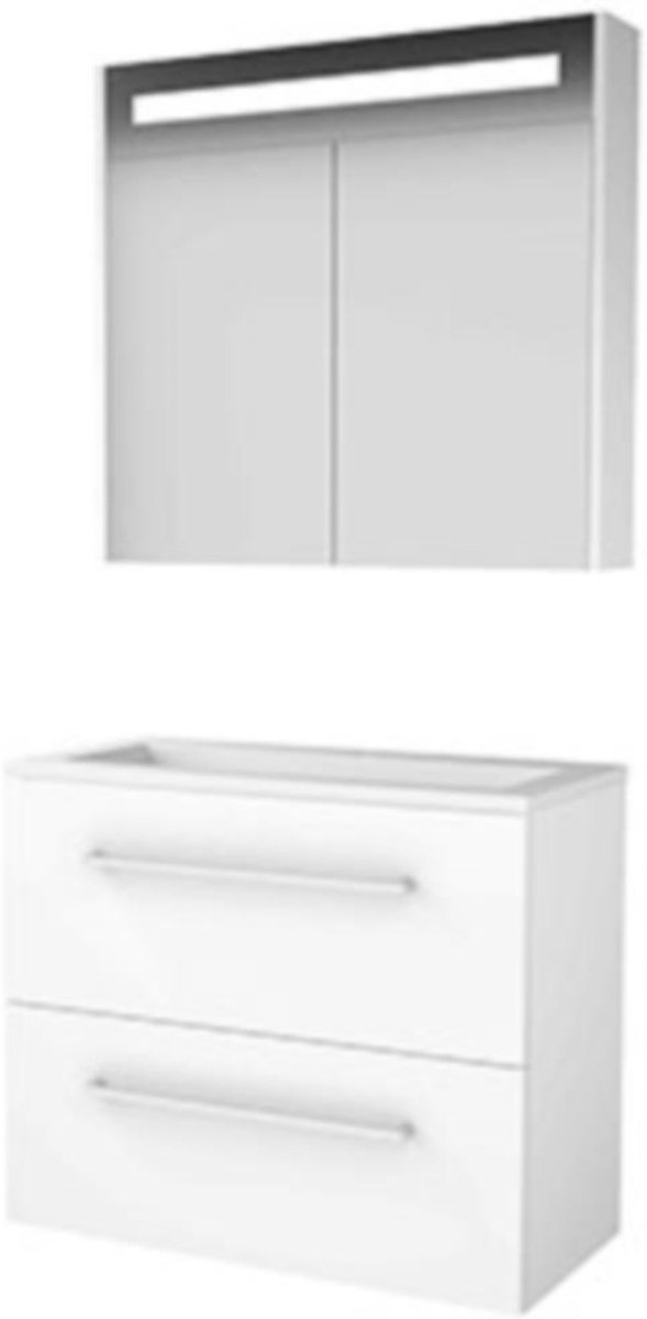 Basic-Line Premium 39 Badkamermeubelset - Ondiep - 80 x 39 cm - Met Grepen - 2 Lades - Acryl Wastafel - 1 Kraangat - Spiegelkast met LED Verlichting - Ice White