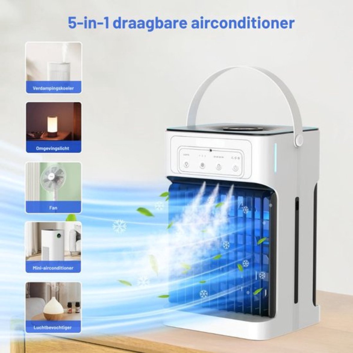 Thuys - Mobiele Airco Zonder Afvoer - Mobiele Airco Zonder Slang - Ventilator Met 3 Snelheden - Aircooler - Mobiele Airco Voor Slaapkamer – 7 LED kleuren - Compact Ontwerp – Wit – foto 6