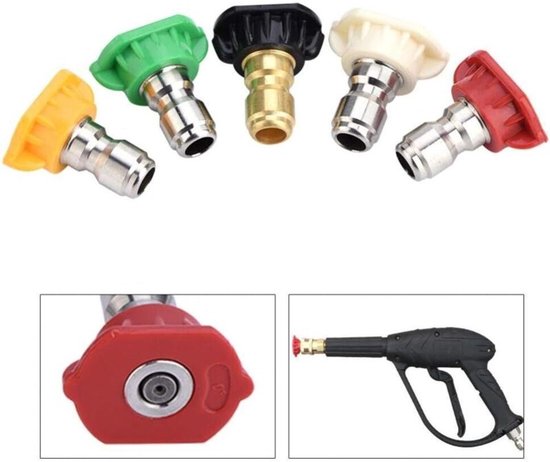 Een set van 5 messing/roestvrijstalen hogedrukreiniger-sproeiers met meerdere hoeken, die snel kunnen worden aangesloten op componenten van een hogedrukreiniger met een druk van 4000 PSI. van Merkloos	 — afbeelding 3