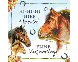 Rien Poortvliet Wenskaart HI-HI-HI HIEP Hoera! FIJNE Verjaardag! – Paarden – 13,5 x 13,5 cm