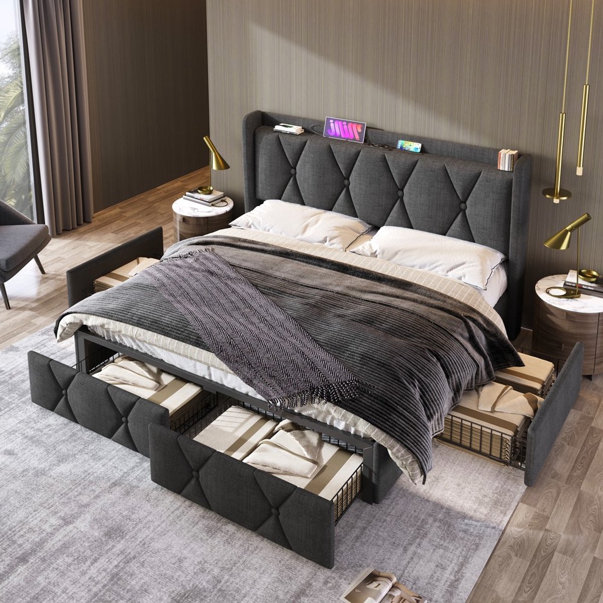 KOMHTOM Gestoffeerd bed - met USB-oplaadfunctie in het hoofdeinde - 4 lades - tweepersoonsbed - 160x200 cm - opbergbedden - bedframe - houten lattenbodem - grijs - zonder matras