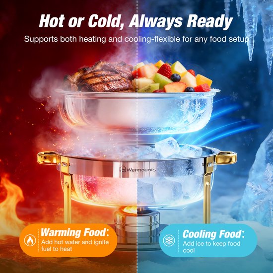 WARMOUNTS 6L Chafing Dish Set (4 Stuks) - Ronde Roestvrijstalen Warmhoudschalen met Glasdeksel, Stapelbaar Buffet Rechaud met Dekselhouder - Zilver & Goud, Voor Catering, Feest, Bruiloft — afbeelding 3