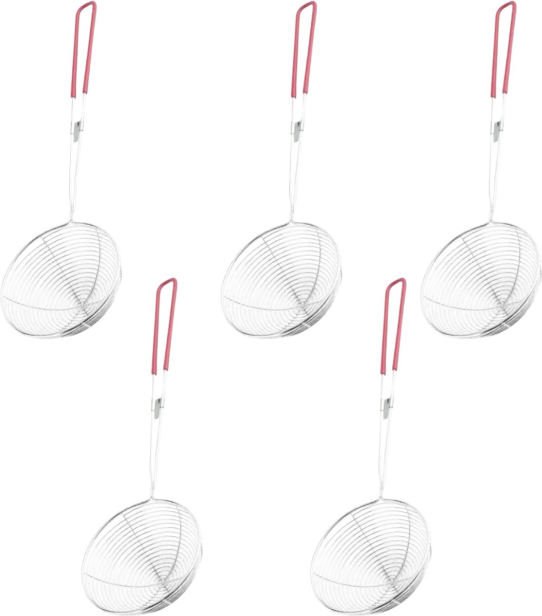 5-Paks RVS Parellepannetjes - 8cm, Rood Grip Handvat, Voor Bubble Tea, Dumplings en Hot Pot