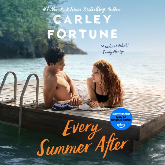 Twee jongvolwassenen op een houten steiger aan het water, met de titel 'Every Summer After' en vermelding van 'nu een originele serie op Prime'.