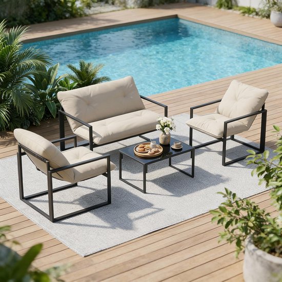 Pugsdrly Tuinsets, 1 glazen tafel, 2 fauteuils, 1 bank, weerbestendig, 114 cm x 70 cm x 67 cm, grijs + beige