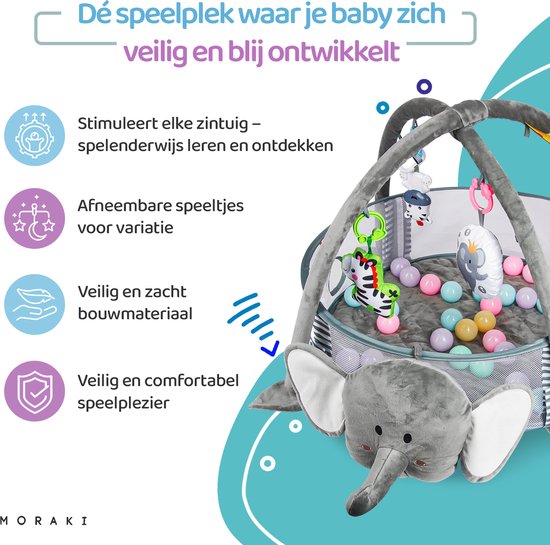 Moraki - Babygym - Olifant Speelkleed 3 in 1 met Ballenbak Dierenhangers en Muziek - Speelmat - Zacht - Vanaf 0 Maanden van Merkloos — afbeelding 5