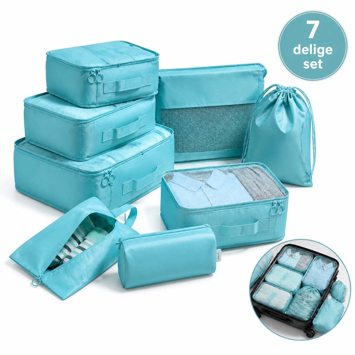 DIVERZA Packing Cubes Set 7-delig – Koffer Organizer Set – Bagage Organizers voor Koffer en Backpack – Lichtgewicht & Waterproof – Kleding Organizer Reizen – Mintgroen – productfoto 1 van Bol.com