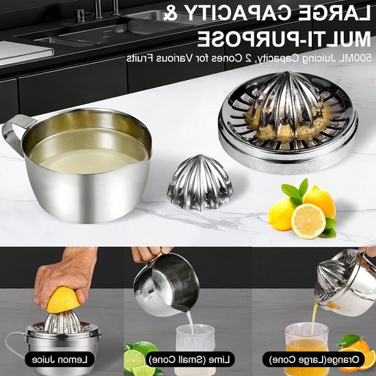 Handmatige Citrus Juicer van Roestvrij Staal met 500 ml Container en 2 Accessoires - Draagbaar, Vaatwasserbestendig en Roestvrij voor Citroen, Limoen, Sinaasappel en Grapefruit — afbeelding 3