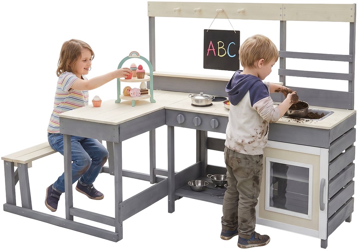 Kinderkeuken van massief dennenhout, speelkeuken met tafel, bank, krijtbord & keukenaccessoires, buiten, weerbestendige modderkeuken Joyz