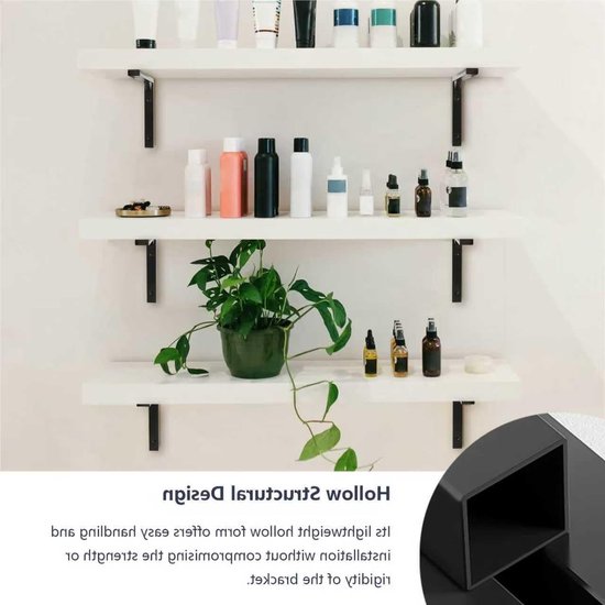 Set van 4 Zwarte Planksteunen - RVS L-vormige Wandplank Steunen met Driehoekige Versteviging, Hol Ontwerp en Inclusief Schroeven en Pluggen, 30 cm — afbeelding 3