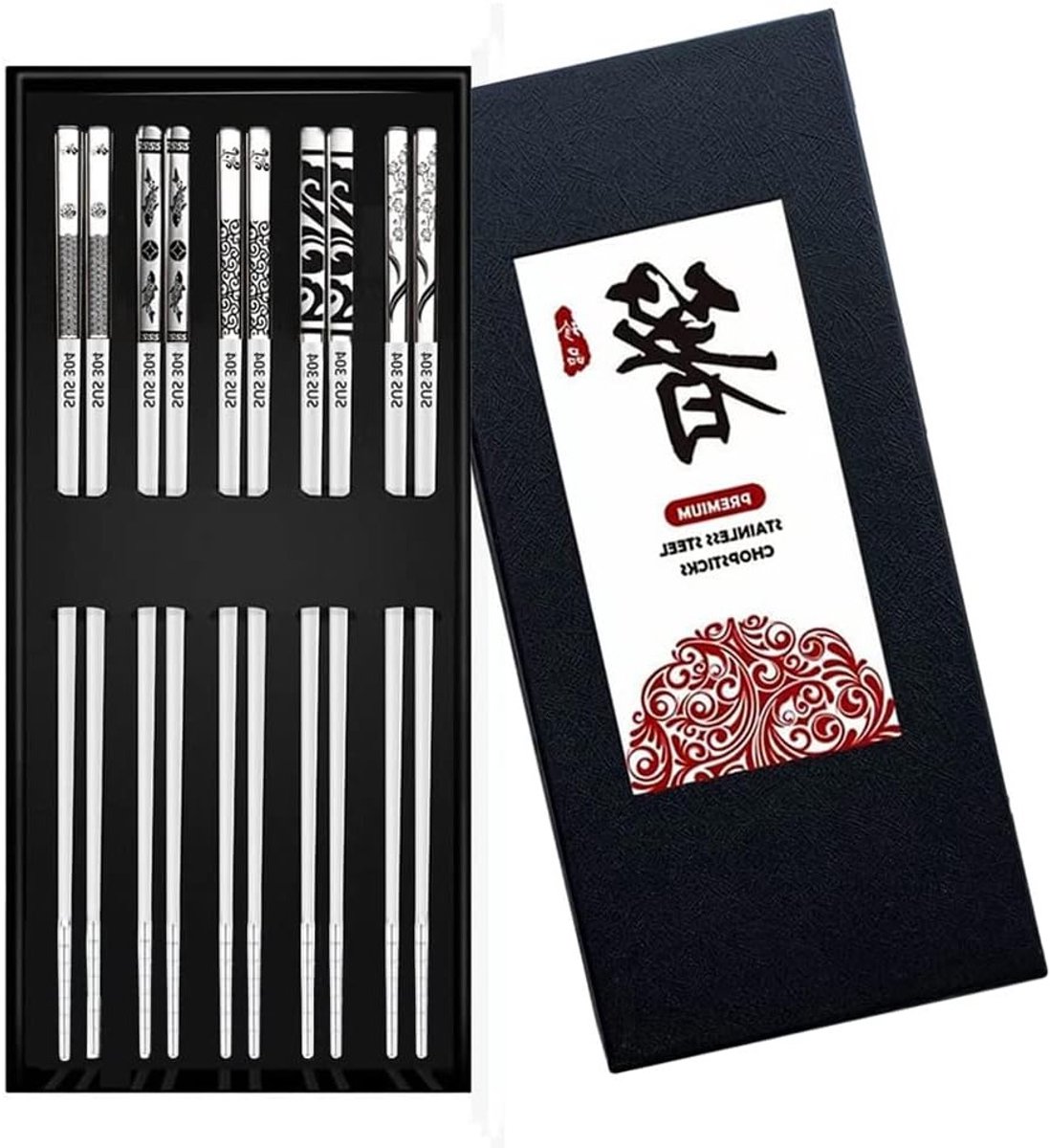 Herbruikbare RVS eetstokjes voor sushi en noedels - 5 paar in een elegante geschenkdoos, ideaal voor Aziatische gerechten
