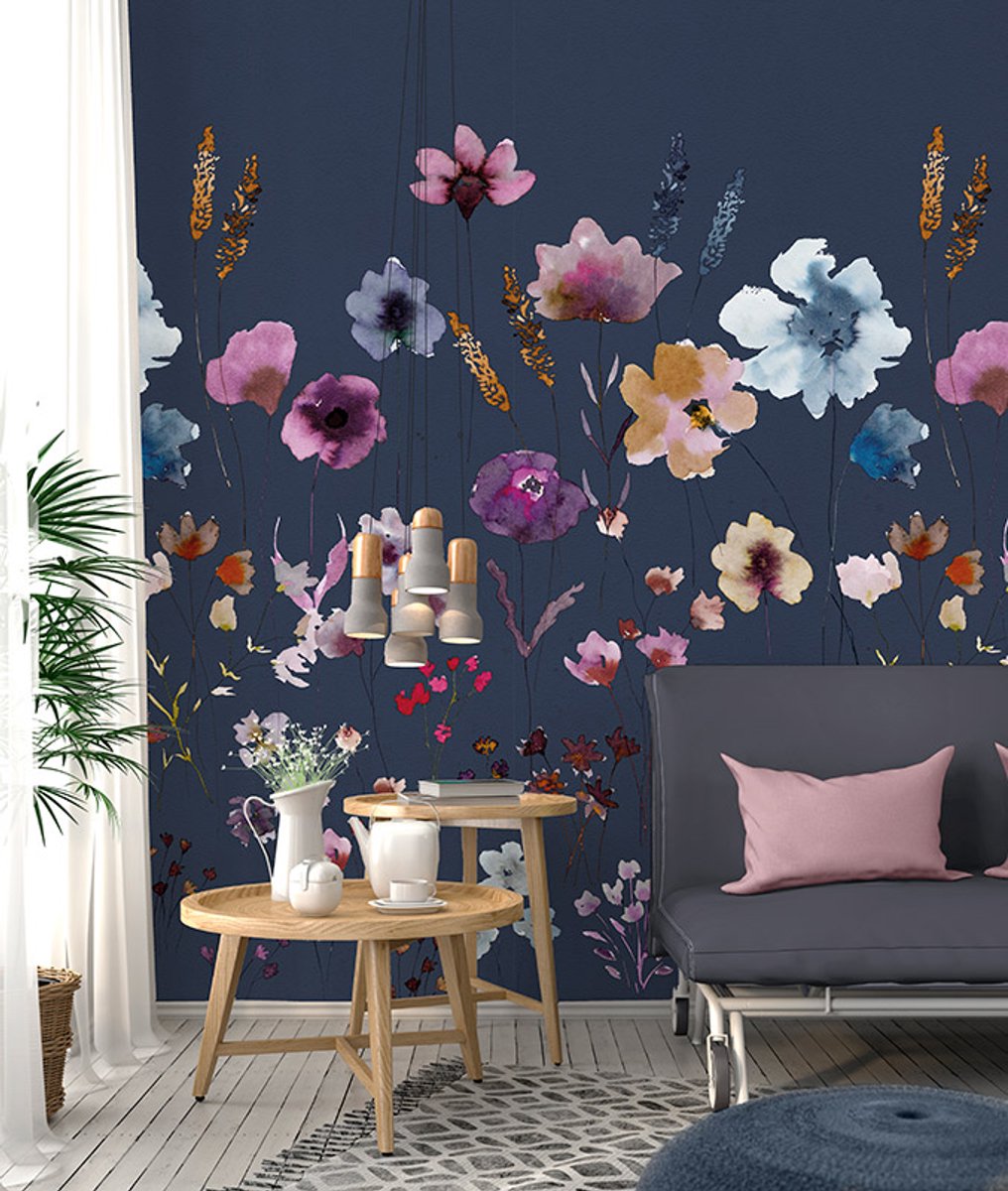 Behang poster Colorful Florals en retro meadow love blue