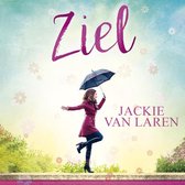 Boekcover 'Ziel' met tekst 'Jackie van Laren'. Een vrouw met paraplu op een roze muur.