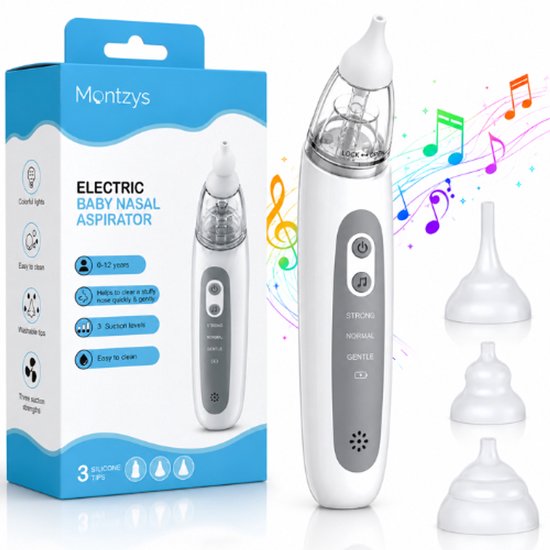 Montzys® Neusreiniger Baby - Neuszuiger Elektrisch - Snoetenpoetsers & Snotzuiger - Inclusief Muziek Functie & 3 Opzetstukjes