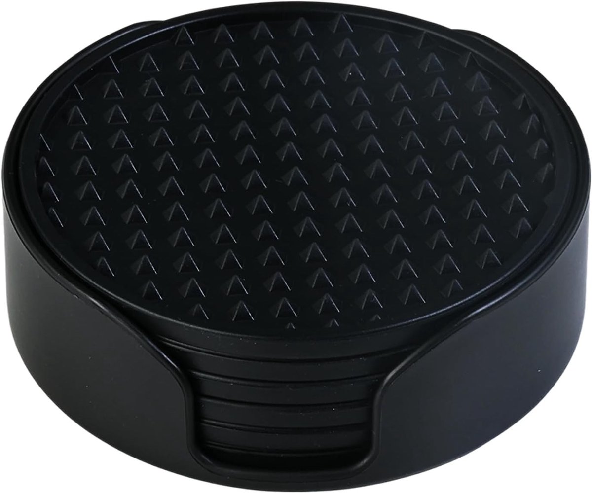 Set van 6 Onderzetters met Plastic Dienblad, Silicone Onderzetters, Antislip Onderzetters voor Dranken zoals Water, Bier, Wijn of Koffie, Zwart