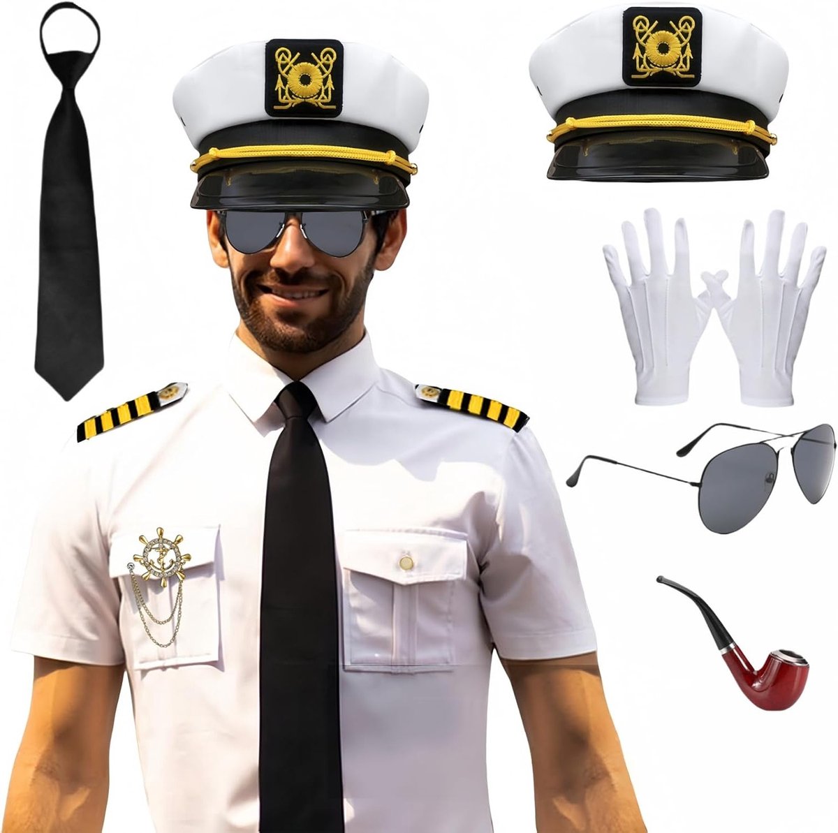Navy Kostuum voor Mannen met 8 Stukken: Overhemd, Hoed, Fluit, Zonnebril, Handschoenen en Accessoires voor Halloween en Carnaval