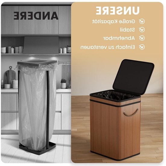 Afvalbak 80 Liter met Deksel van Bamboe voor Buiten, Thuis, Kantoor, Badkamer en Keuken - 40 x 30 x 60 cm (Premium Walnoot) — afbeelding 5