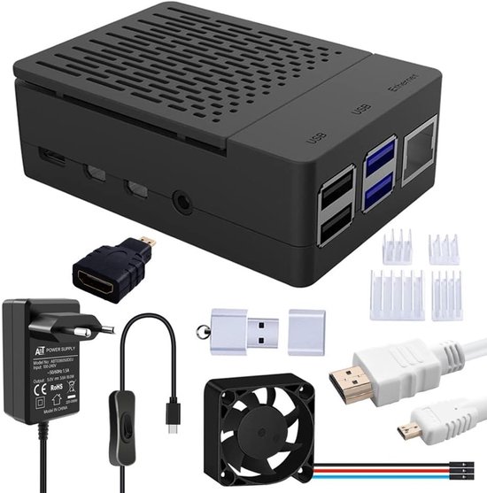 Dailygoody - Raspberry Pi 4 Case - Met Koelpunt - Eenvoudig te Installeren - Inclusief Ventilator - HDMI Kabel en Adapter - Geschikt voor Raspberry Pi.