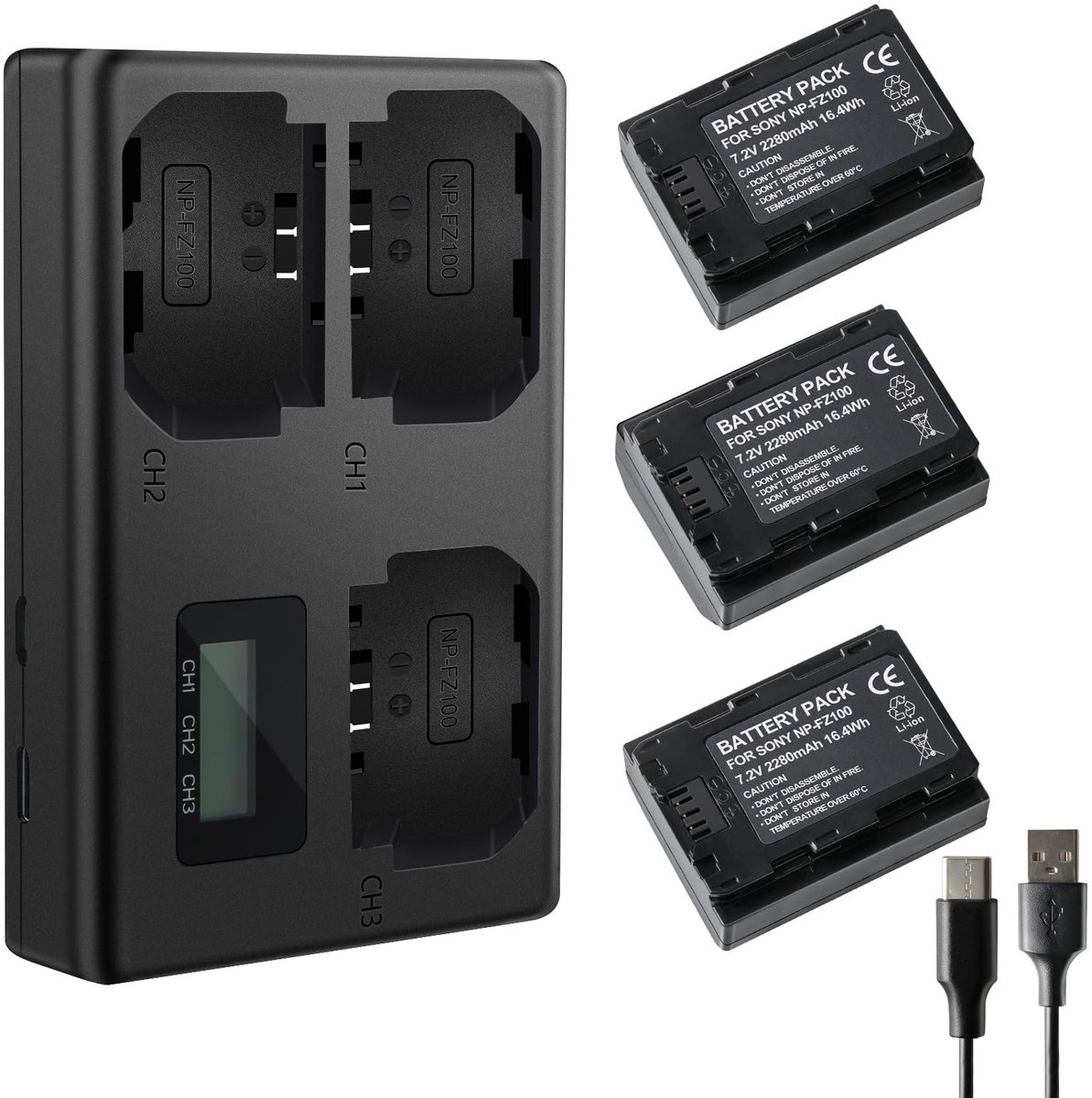 Dailygoody - NP-FZ100 Batterij en Oplader - Drievoudige Sleuf - LCD-Display - Groot Capaciteit - Ideaal voor Sony Camera's - Betrouwbare Energieoploss