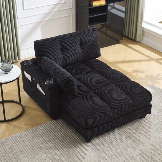 Wishdor XXL Chaise Longue - Loveseat met USB-Poort & Bekerhouders - Ribstof (Corduroy) - Zwart - 112x140x81 cm